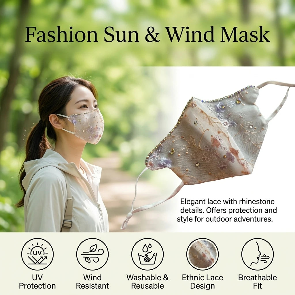Ethnic Style Lace Mesh Mask With Embroidery Rhinestones Sunscreen Windproof Washable Peaceful Pleasures Health and Wellness