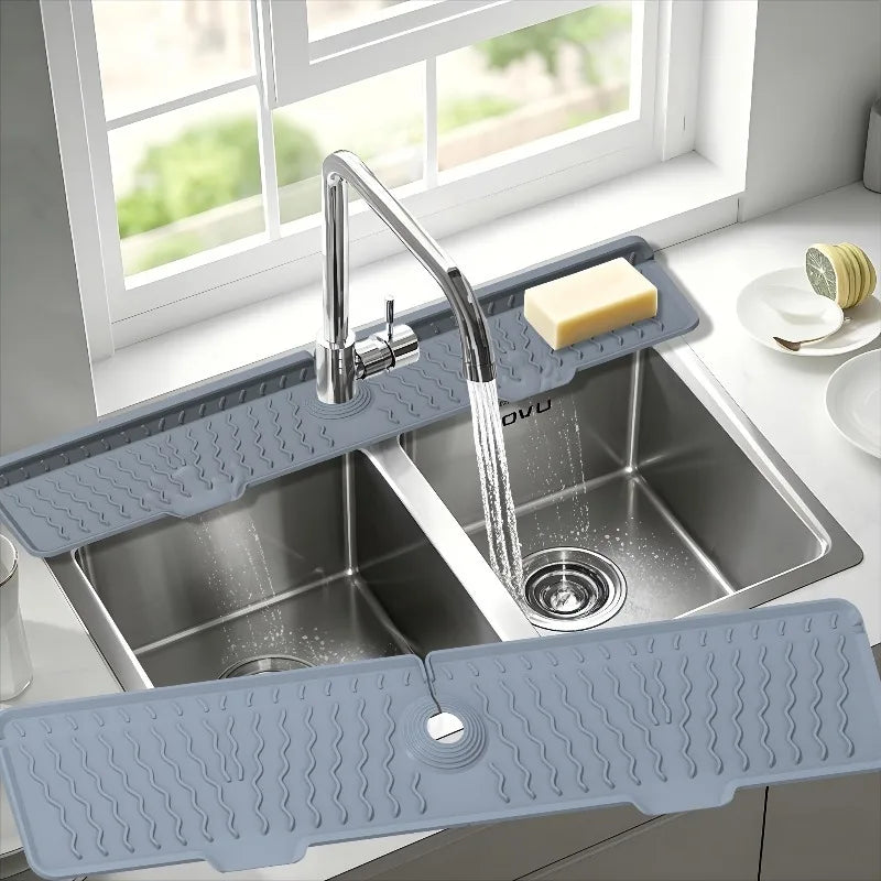 1-Piece Black Wavy Pattern Long Food-Grade Silicone Draining Mat for Kitchen and Bathroom, Faucet Splash-Proof Sink Mat, Long Strip, Foldable, Perfect for Sinks, Durable, Non-Slip, Sink Mat with Inclined Drainage Design Peaceful Pleasures Health and Wellness