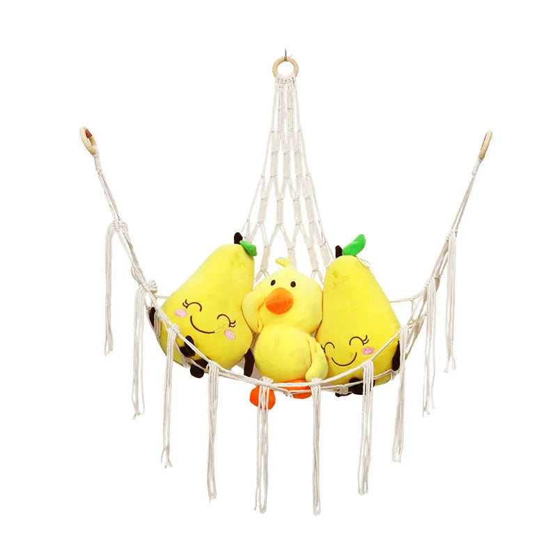 Corner Mounted Toy Storage Net Handwoven Cotton String Triangle Pouch Plush Doll Hammock Kids Room Organizer Peaceful Pleasures Health and Wellness