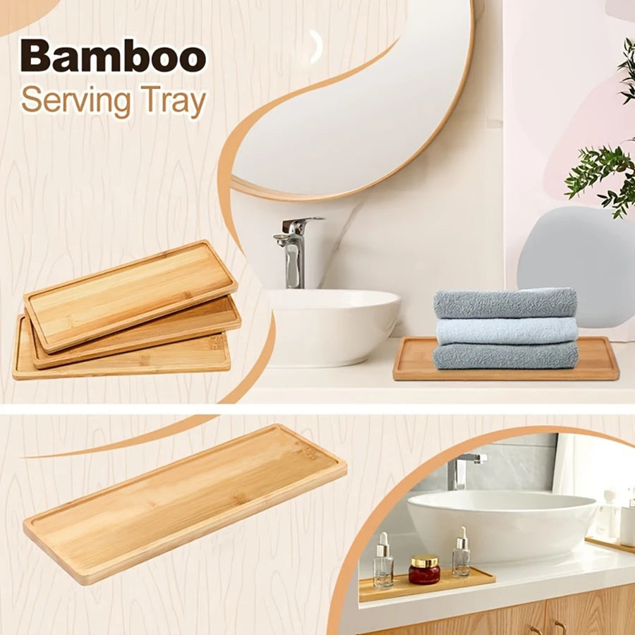 Bamboo Wooden Vanity Tray – Decorative Bathroom Countertop & Dresser Organizer (1, 2 or 3 Pack)