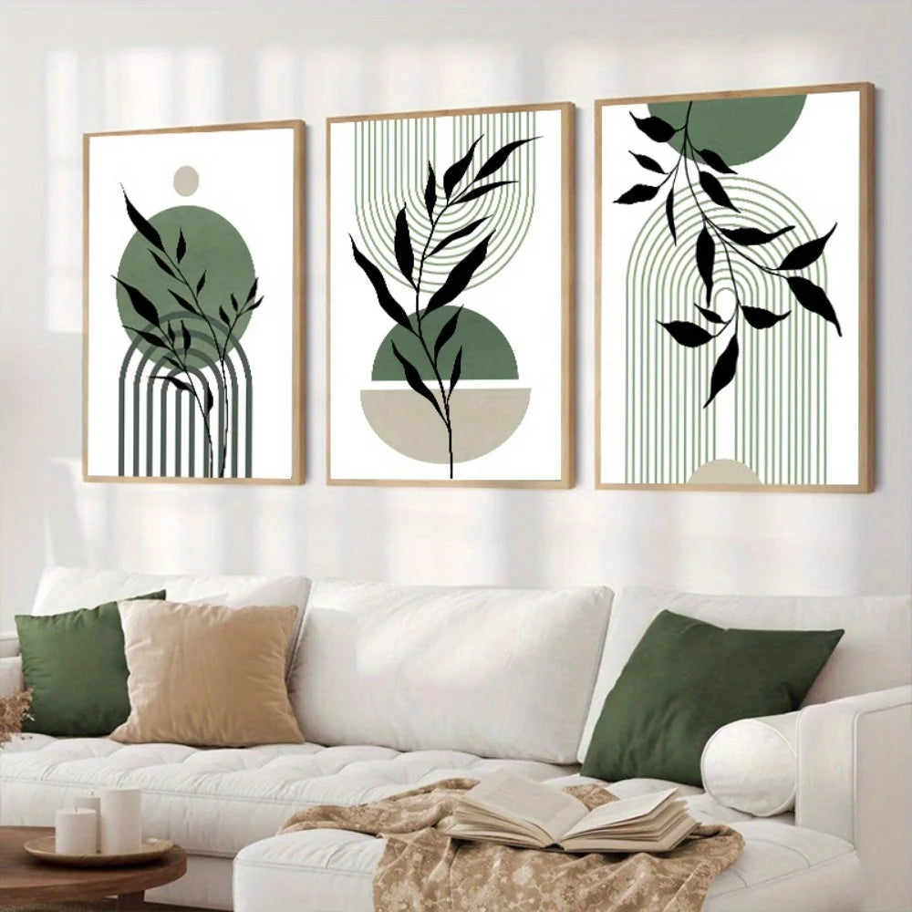 3-Piece Sage Green Boho Abstract Canvas Wall Art | Mid-Century