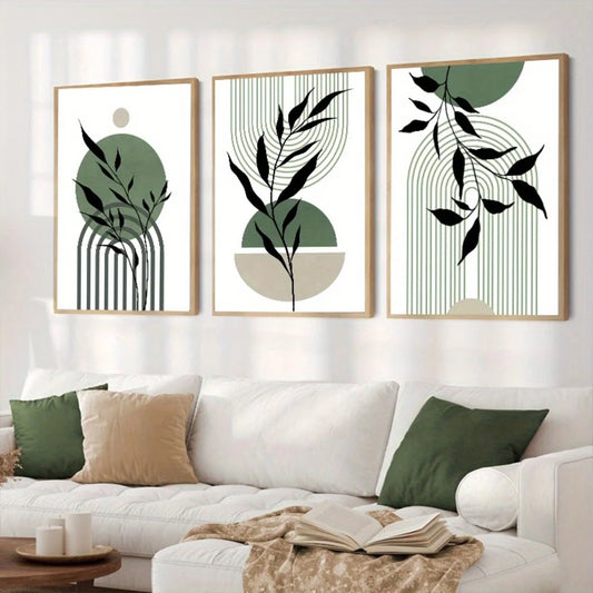 3-Piece Sage Green Boho Abstract Canvas Wall Art | Mid-Century Canvas Wall Art Set Peaceful Pleasures Health and Wellness