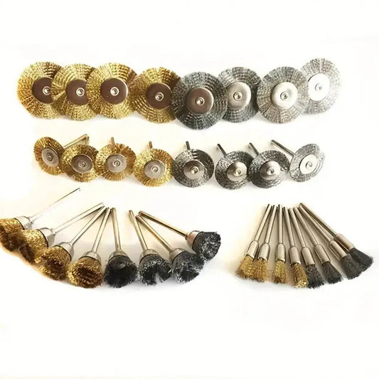 9pcs Steel Wire Brass Brush Rotary Tool Electric Dremel Drill Bit Polishing Grinding Wheel T-shaped Brush Accessories Peaceful Pleasures Health and Wellness