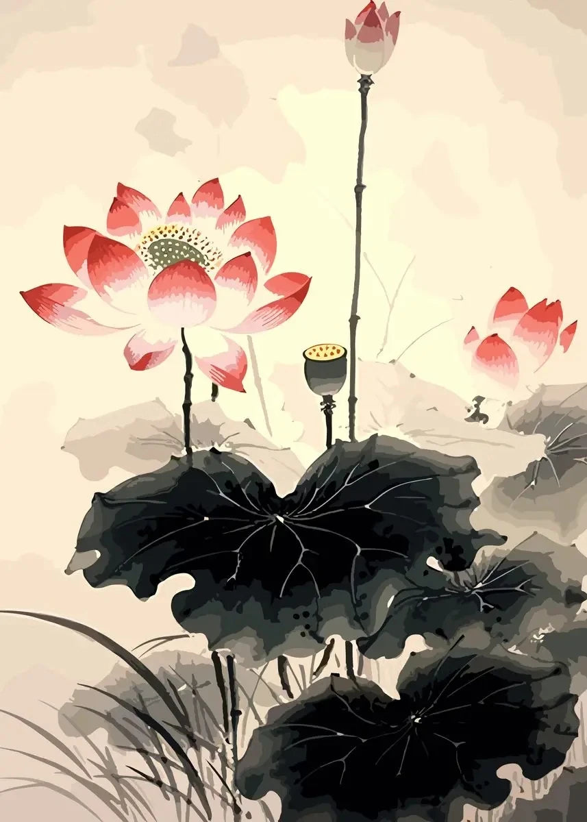 Chinese Lotus Flower Canvas Wall Art Print | Unframed Poster