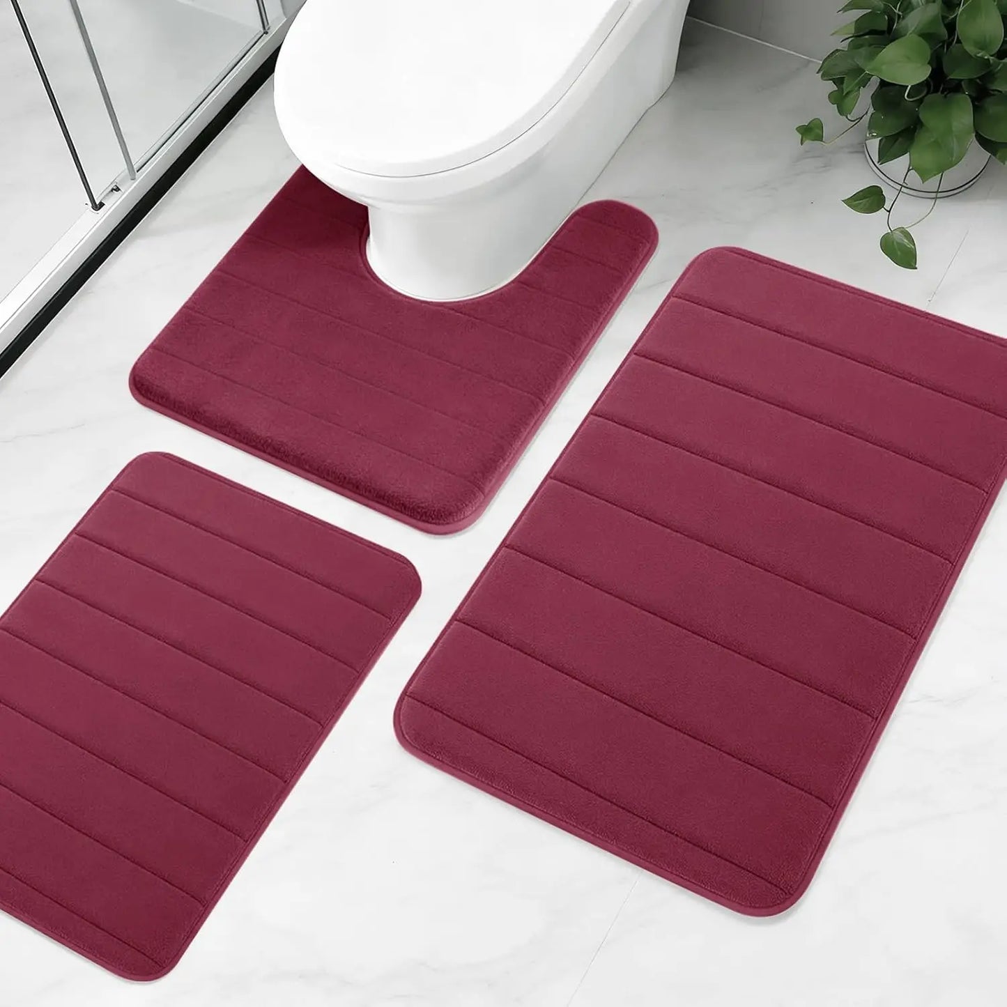 3Piece Non-Slip Bath Mat Set Memory Foam Bathroom Rugs Water Absorbent Shower Mat Machine Washable Toilet Mat for Bathroom Floor Peaceful Pleasures Health and Wellness Wine red