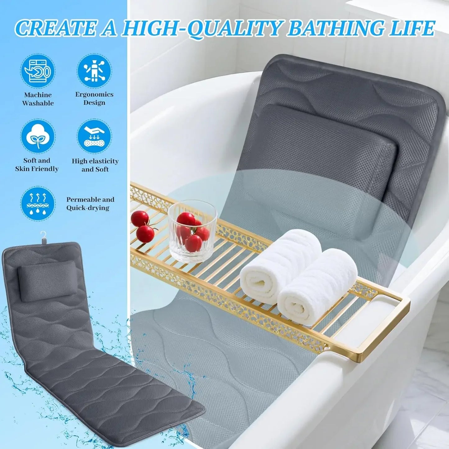 Extra Thick Bathtub Pillow with 17 Suction Cups, Soft Head Neck Support, Grey 51x16 Inch Peaceful Pleasures Health and Wellness