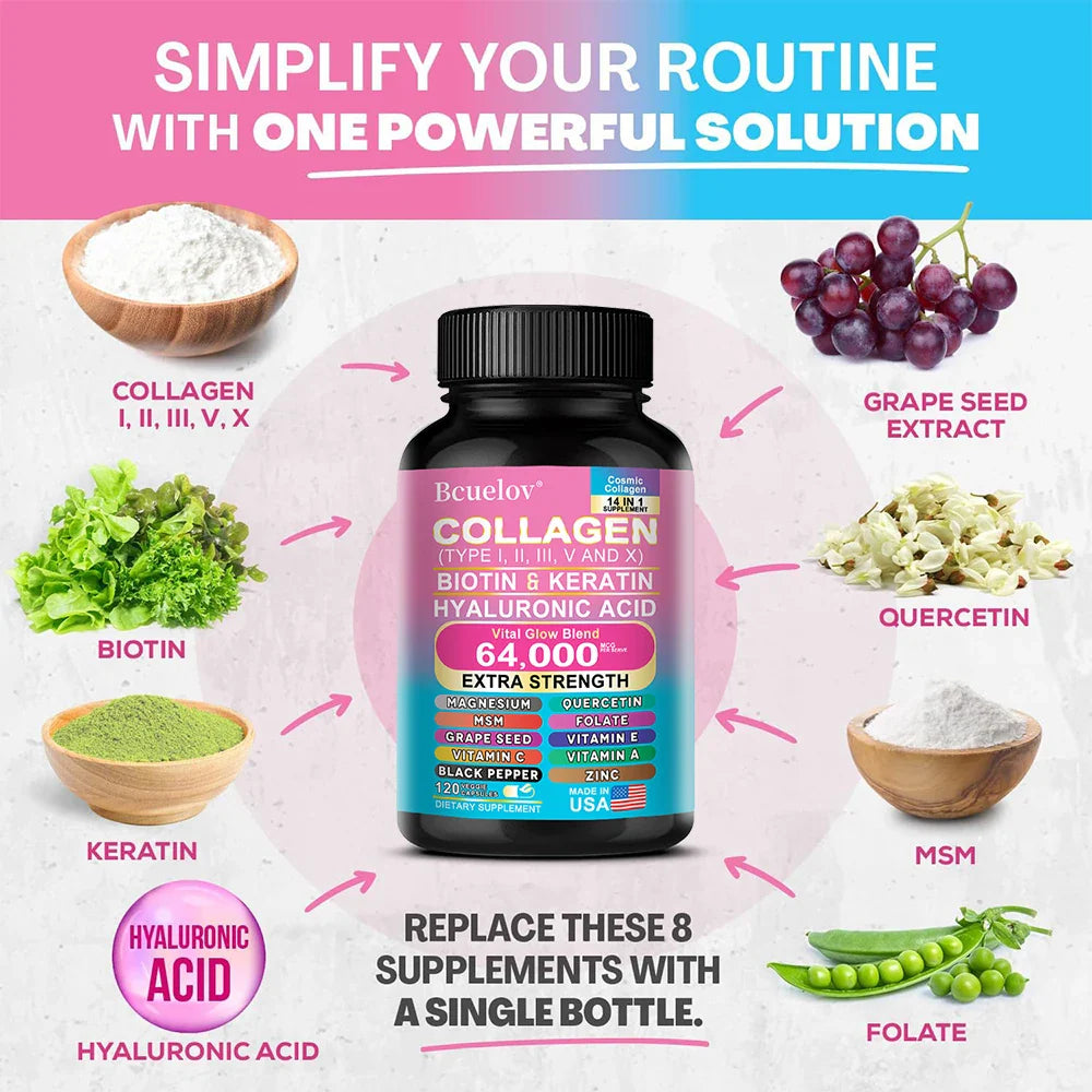 Bcuelov 14-in-1 Collagen Peptide Capsules | Skin Hair Nails