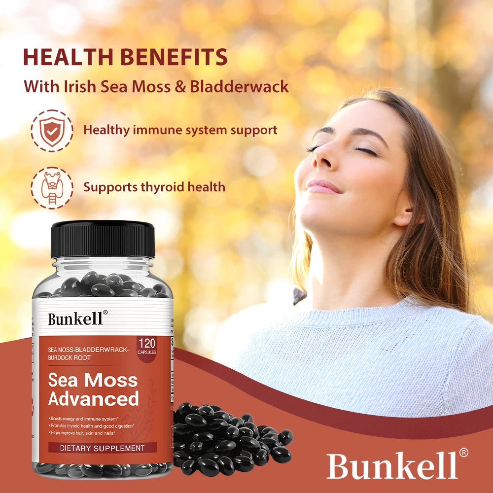 Sea Moss 500mg Capsules 3-in-1 Complex - Irish Moss, Bladderwrack & Burdock Root, Immune, Thyroid, Joint & Gut Support, Vegan Peaceful Pleasures Health and Wellness