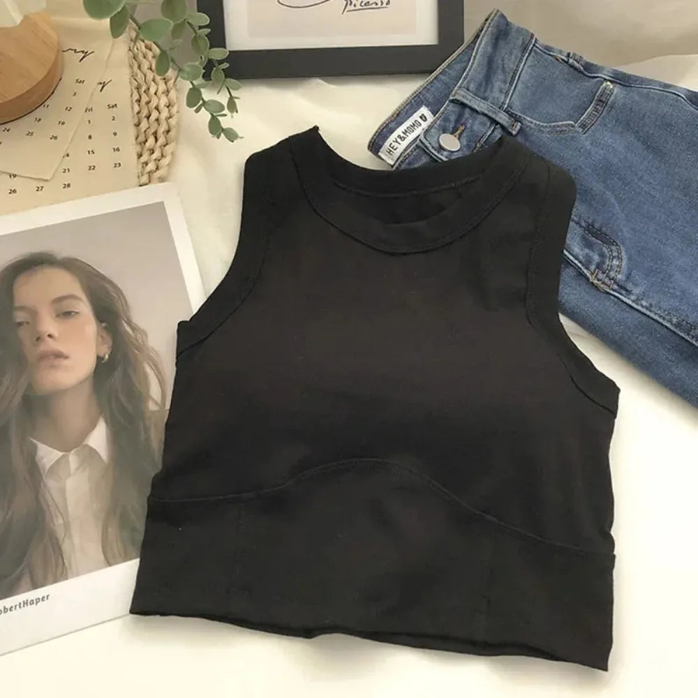 Women's Padded Crop Tank Top | U-Neck Bra Vest, Black & White