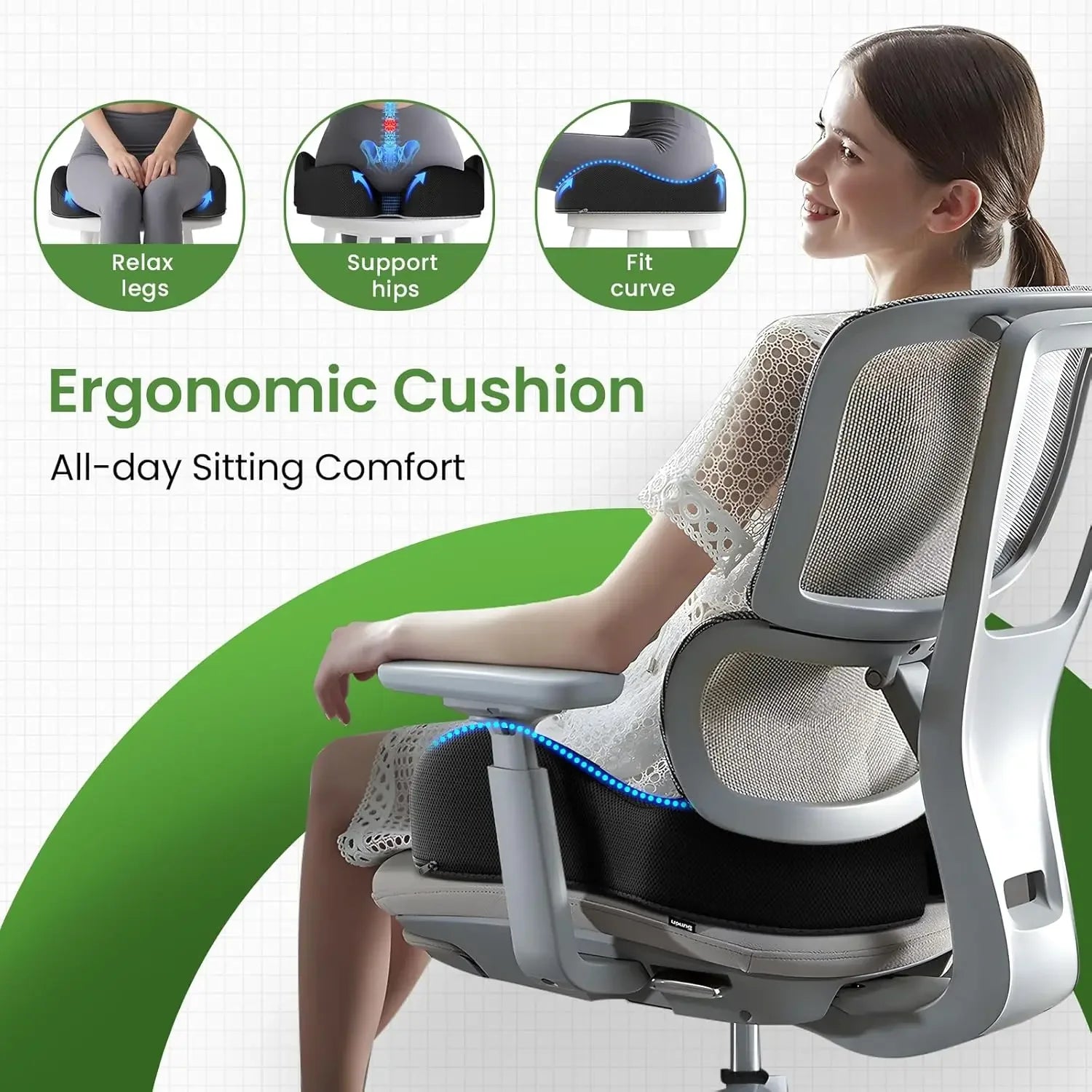 Ergonomic Memory Foam Seat Cushion for Office and Car - Relieves Back Pain, Black Peaceful Pleasures Health and Wellness
