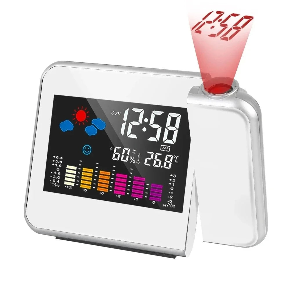 LED Rotating Projection Digital Alarm Clock Color Screen Display Home Desktop Decoration Peaceful Pleasures Health and Wellness White
