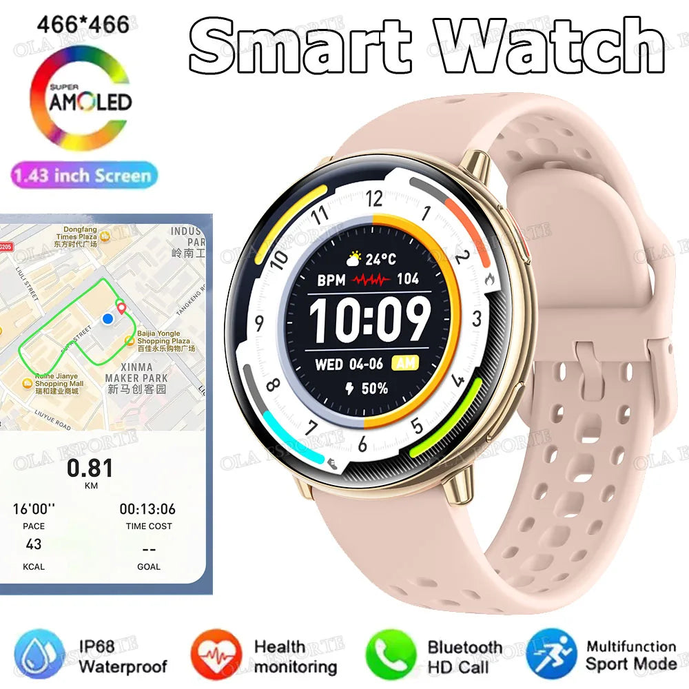 New Smart Watch GPS 1.43 Inch AMOLED IP68 Waterproof Bluetooth Call Multi-sport Mode Health Monitoring SmartWatch Men Women Gift Peaceful Pleasures Health and Wellness Gold