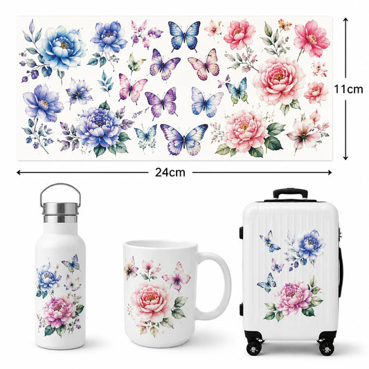 Watercolor Butterfly Floral UV DTF Sticker | Tumbler Cup Wrap Decal DIY Transfer Sticker Peaceful Pleasures Health and Wellness