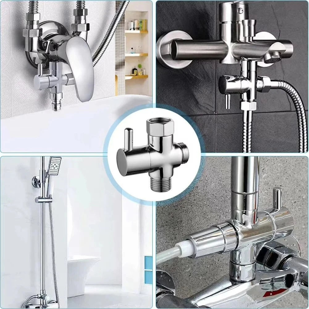 G1/2" 3-Way Brass Shower Diverter Valve T-Adapter | Chrome