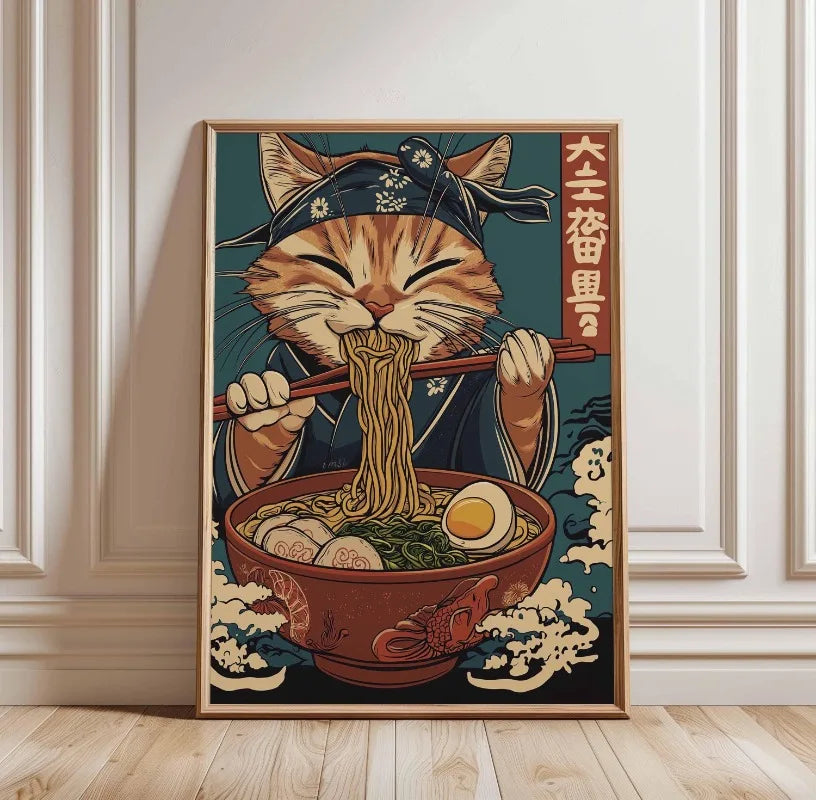 Black Cat Ramen Japanese Food Noodle Ginger Cat Poster Print Wall Art Pictures Canvas Painting Living Room Home Wall Decoration Peaceful Pleasures Health and Wellness TL2897 20x30cm Unframed