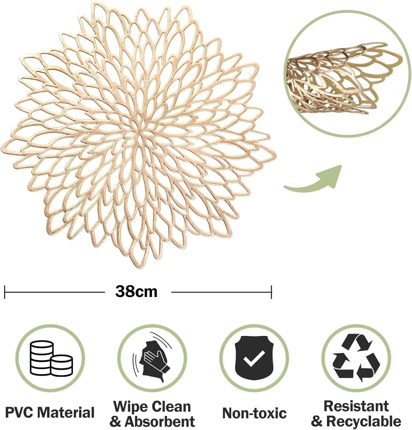 PVC Placemats Sets Round Leaf Place Mats Washable Heat Resistant Vinyl Table Mats for Kitchen Dining Table Wedding Placemat Peaceful Pleasures Health and Wellness