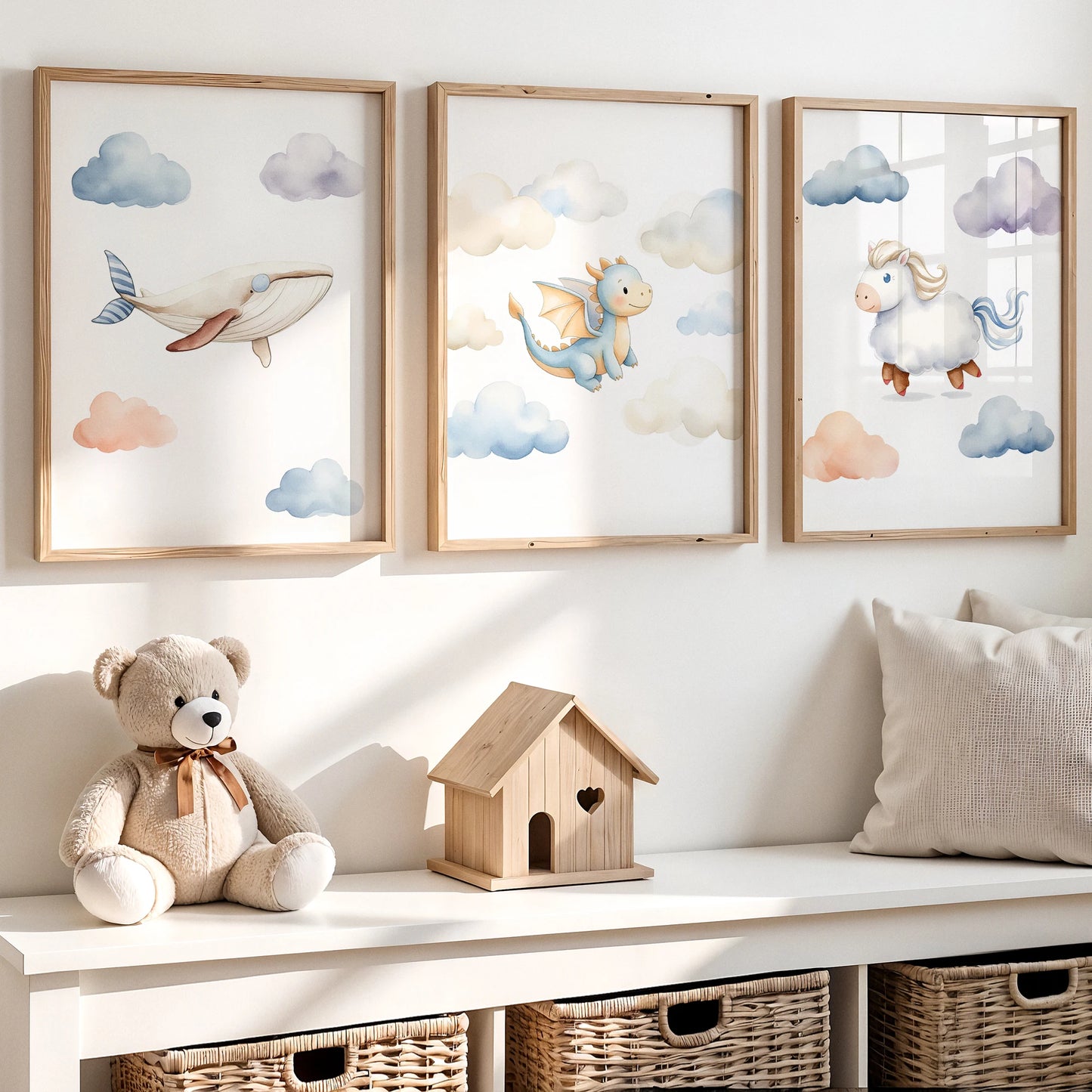 Cartoon Watercolor Animals Canvas Wall Art | Kids Room Decor