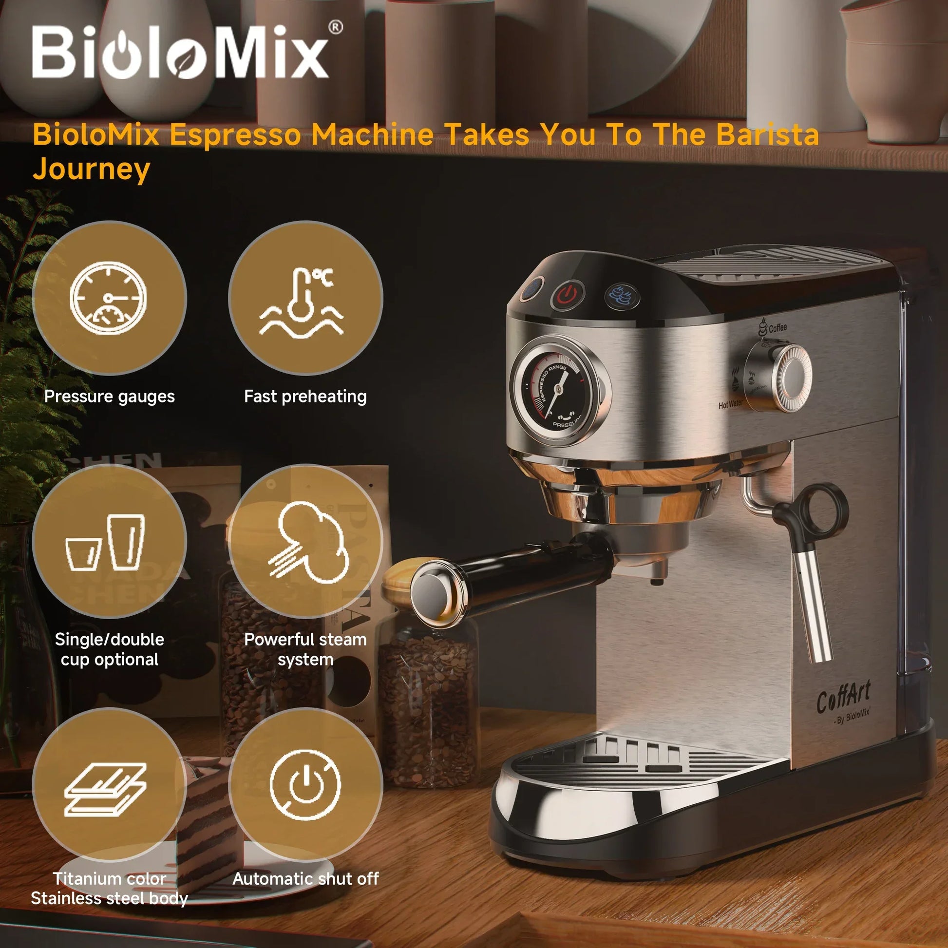 BioloMix 20 Bar Semi-Auto Espresso Machine with Steam Frother – 1350W Coffee Machine Peaceful Pleasures Health and Wellness