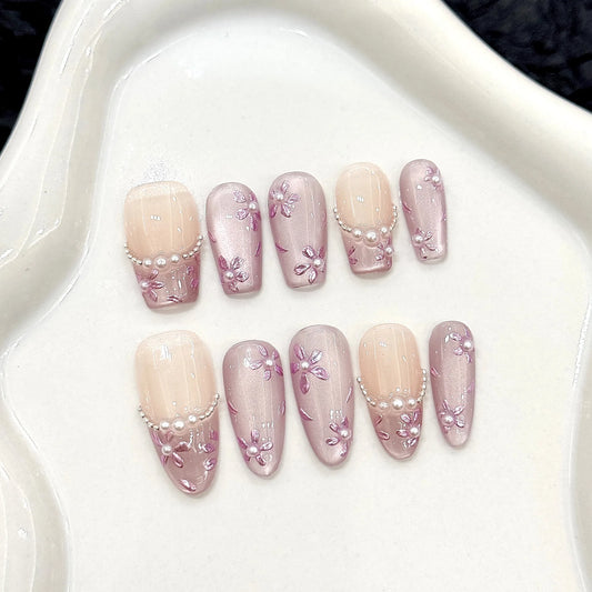 10pcs Handmade Purple Cat Eye Press on Nails Summer Flowers Pearl Design Fake Nails Wearable Detachable Glitter False Nail Tips Peaceful Pleasures Health and Wellness