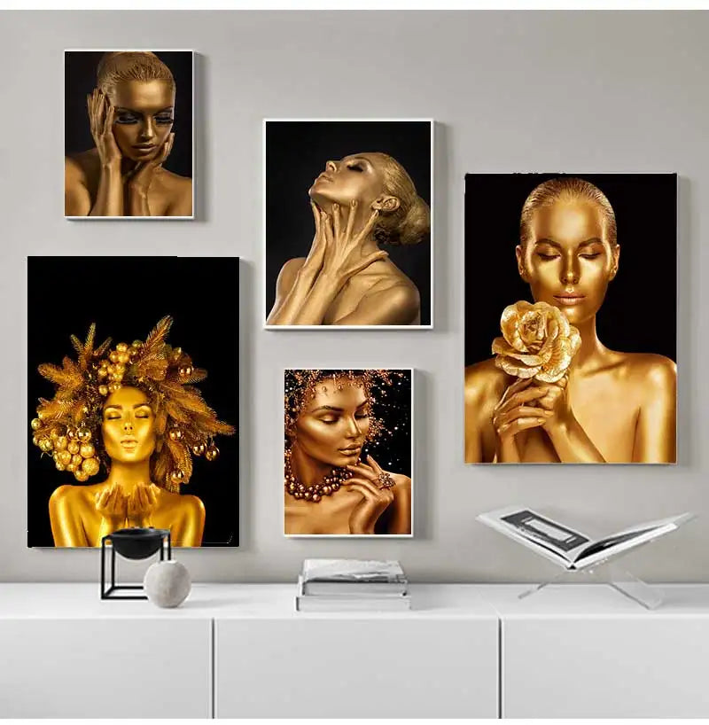 Gold Woman Oil Painting on Canvas Cuadros Posters and Prints Wall Art Picture for Living Room Sexy Nude African Black Peaceful Pleasures Health and Wellness