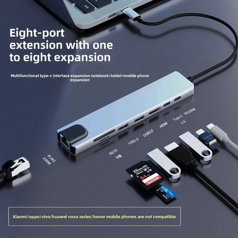8 in1 USB C HUB 3.0 Type C Splitter 4K Docking Station Laptop Adapter PD SD TF For Macbook Air M1 iPad Pro RJ45 HDMI-Compatible Peaceful Pleasures Health and Wellness