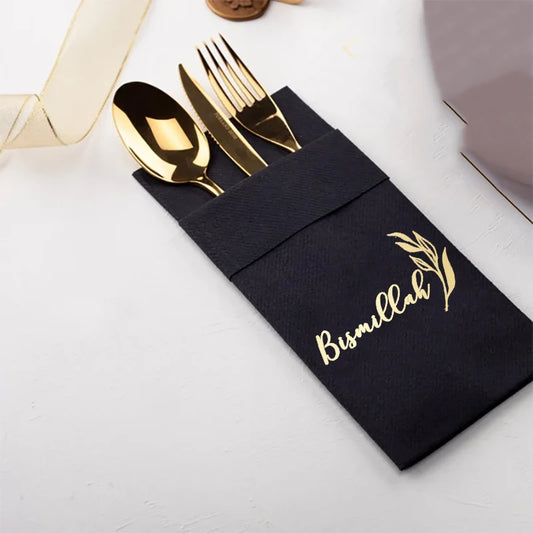 Bismillah Black Napkin Cutlery Holders – Eid Ramadan Decor 5pcs Napkin Cutlery Holder Peaceful Pleasures Health and Wellness black paper Napkin 5 pieces