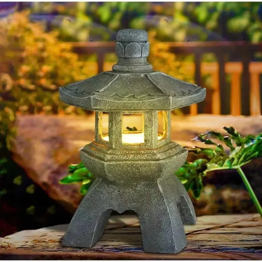Solar Pagoda Garden Lamp | LED, Stone Veneer, Zen Décor
