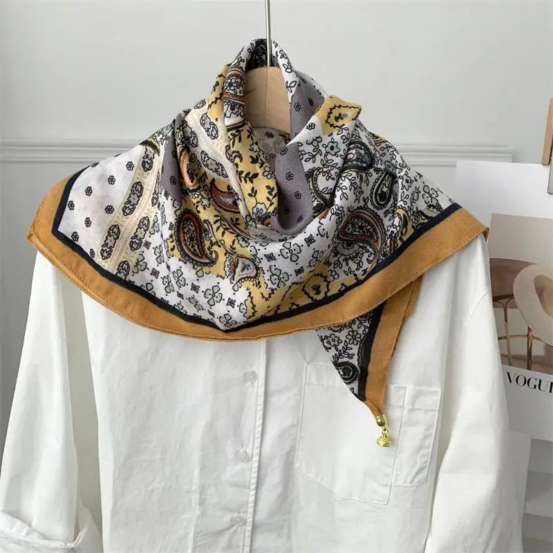 70x70 Retro Print Square Silk Scarf with Magnetic Buckle