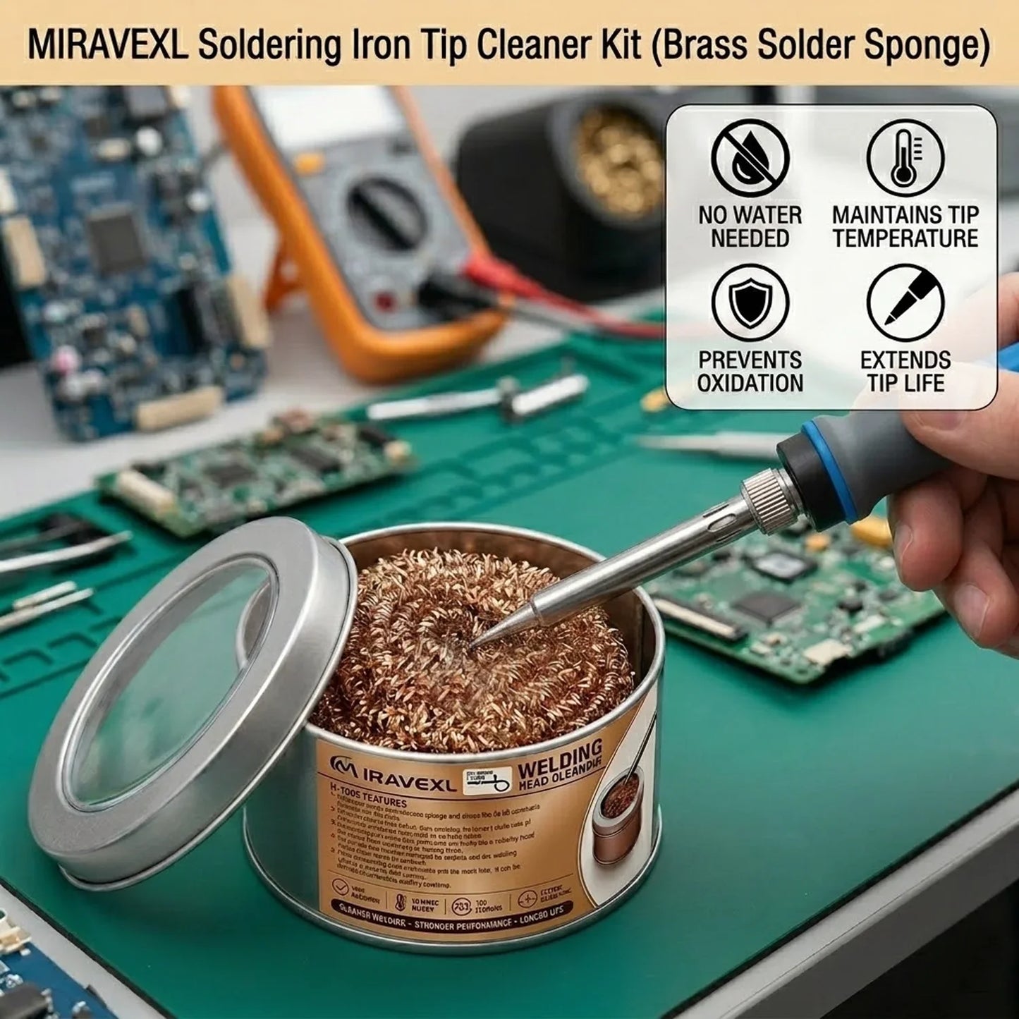 Waterless Brass Soldering Iron Tip Cleaner – 65mm PCB