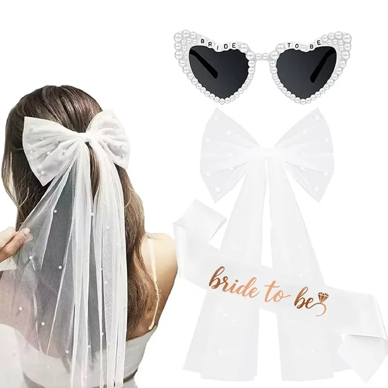 Bride To Be Sunglasses, Bow Veil & Sash | Bachelorette Set Bridal Party Accessories Peaceful Pleasures Health and Wellness 1 set