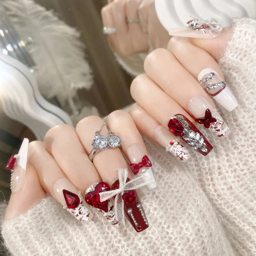 24pcs New Year Heavy Metal Press on Nails Chinese Bride Wedding Fake Nails Full Cover Wearable Shiny Large Crystal False Nails Peaceful Pleasures Health and Wellness style 2