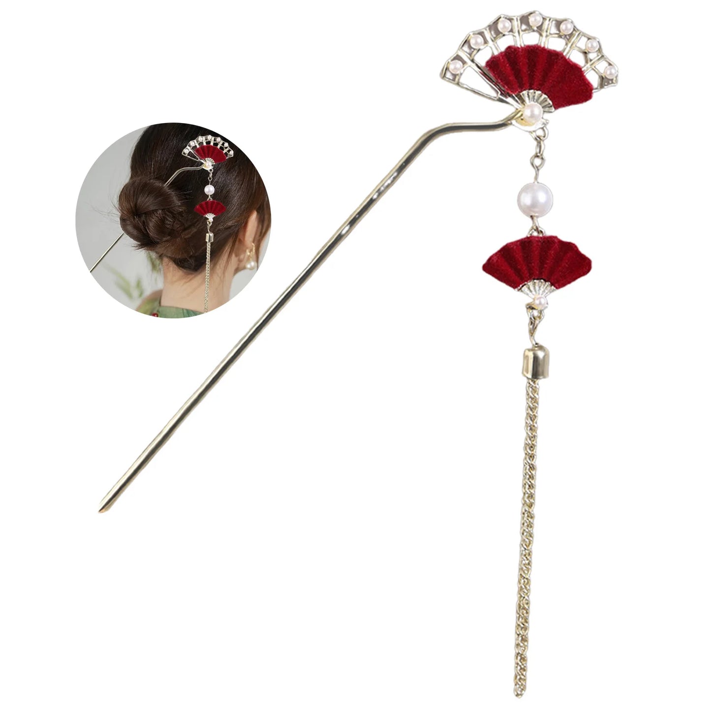 New Chinese Style Fan Shaped Hairpin with Oearls Tassel Vintage Bridal Hair Accessories Handmade Hanfu Hair Sticks for Women Peaceful Pleasures Health and Wellness