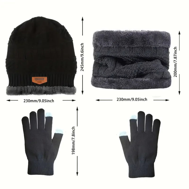 1Set Warm & Soft Winter Fleece-lined Knitted Hat, Scarves And Touch Screen Gloves 3-Piece Set ,Perfect Ear & Neck Warmer Peaceful Pleasures Health and Wellness