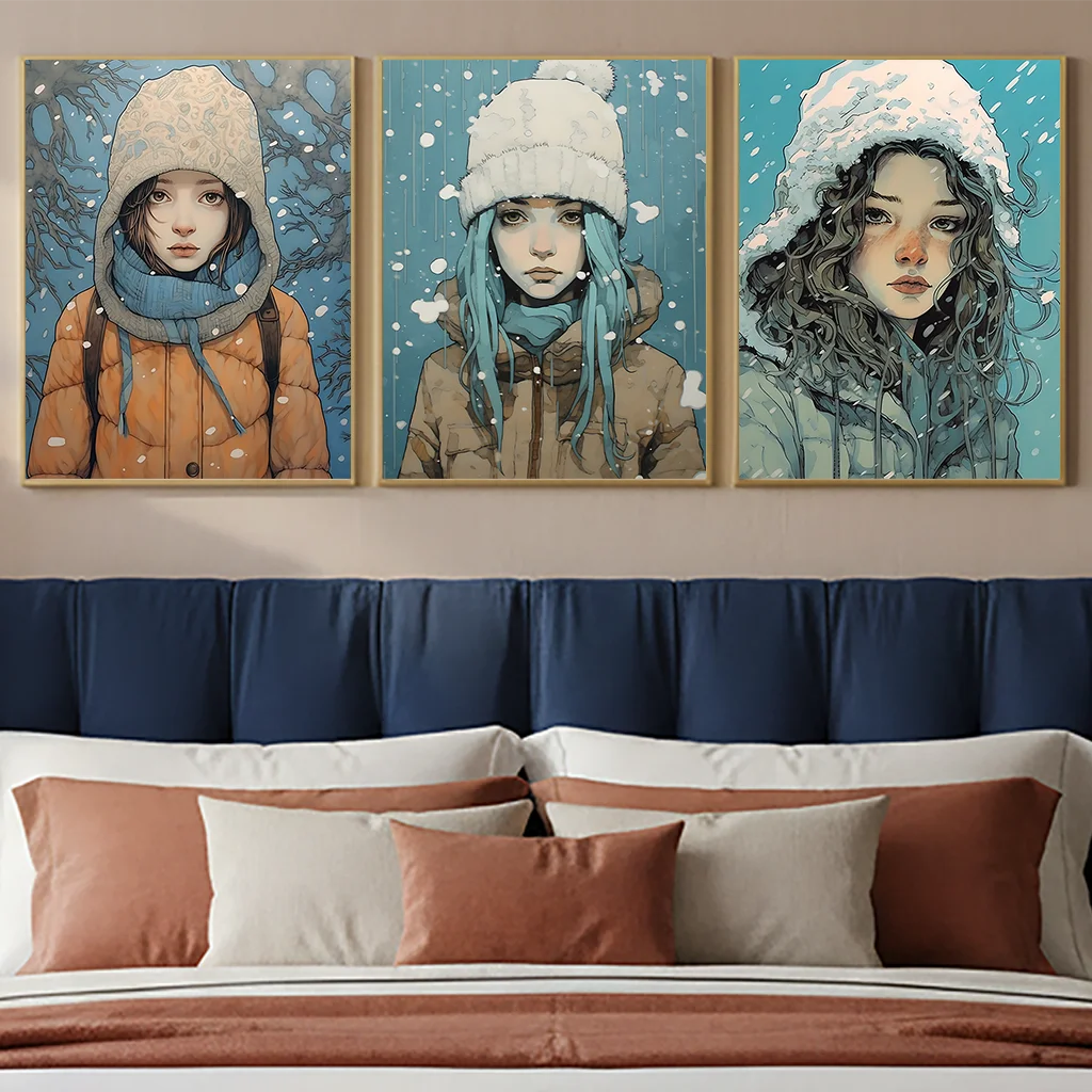 Nordic Winter Portrait Wall Art, Watercolor Girl Canvas Painting, Snowy Season Poster Print for Bedroom Living Room Décor Peaceful Pleasures Health and Wellness