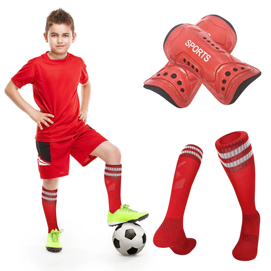 Kids Football Socks & Shin Guards Set – Anti-Slip Knee-High Kids Soccer Gear Set Peaceful Pleasures Health and Wellness Red L
