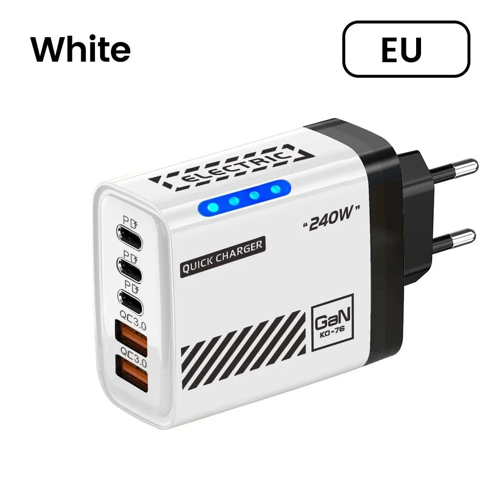 240W GaN 5-Port USB-C PD QC3.0 Fast Charger Desktop Adapter