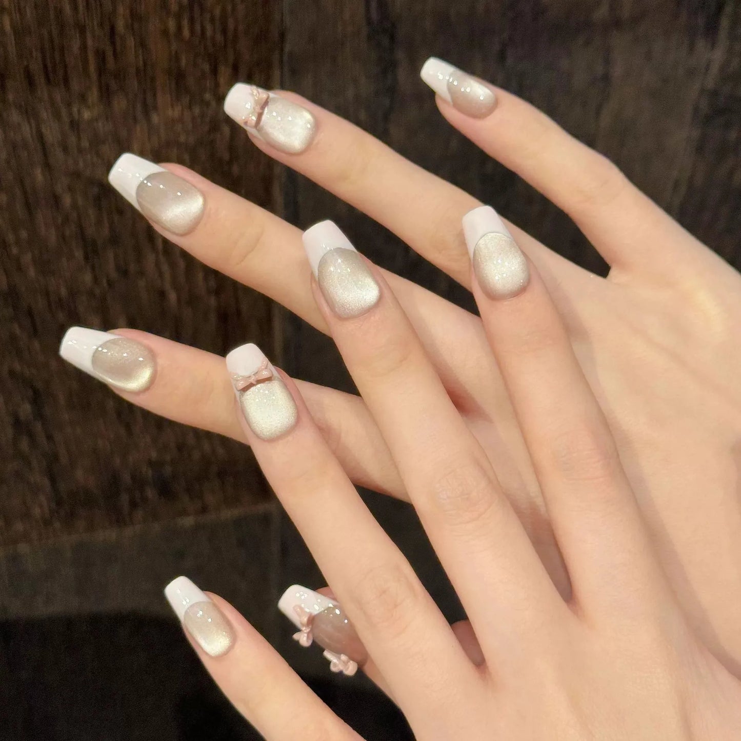 Pink Cat's Eye French Press-On Nails | Bow Almond Ballet 10pcs