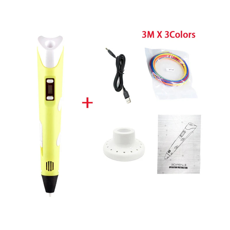 3D Pen 3D DIY Drawing Pen With LCD Screen Compatible PLA Filament Toys Safe 3D Pen for Children Kids Christmas Birthday Gift Peaceful Pleasures Health and Wellness Yellow A China Mainland