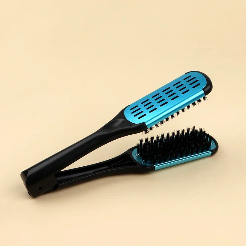 Pro Hairdressing Straightener Nylon Hair Straightening Double Brushes V Shape Comb Clamp Not Hurt Styling Tools DIY Home Peaceful Pleasures Health and Wellness Black Blue
