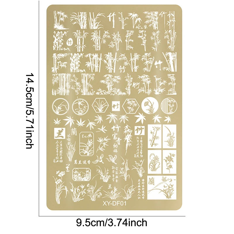 Large Gold Nail Stamping Plates Butterfly Flower Bamboo Forest Pattern Stainless Steel Stencil Nail Art Stamps Template Peaceful Pleasures Health and Wellness