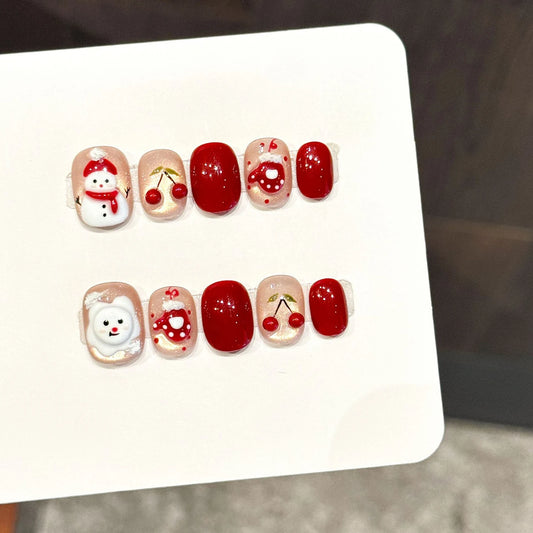 Handmade Press On Nails Cute Snowman Red Berry Fake Nails Removable Short Oval Fashion Glitter Cat's Eye False Nails With Design Peaceful Pleasures Health and Wellness S