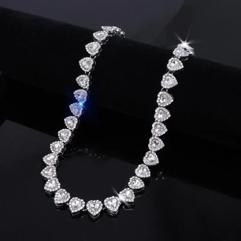 Hip Hop Tennis Chain Necklace – CZ Rhinestone Heart, 45cm
