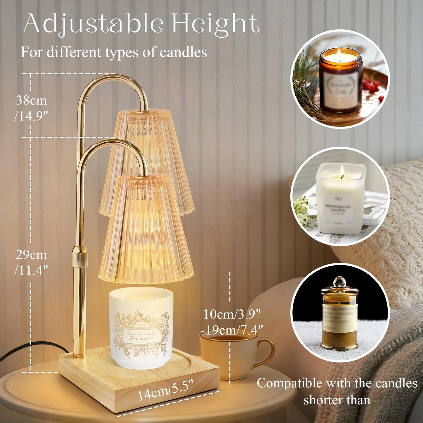 Candle Warmer Lamp With Wooden Tray Candle Holder Dimmable Height Adjustable Electric Night Light for Bedroom Home Desk Decor Peaceful Pleasures Health and Wellness
