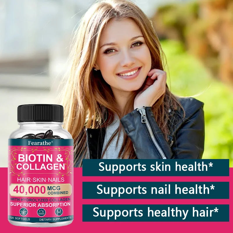 Biotin Collagen Supplement - Hair Growth Support, Skin & Nails - 40000 mcg with Vitamins B Complex, Hyaluronic Acid & Keratin Peaceful Pleasures Health and Wellness