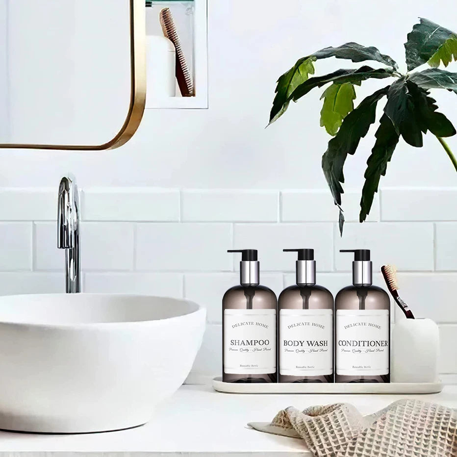 Refillable Shampoo and Conditioner Dispenser Shampoo Bottles with Pump Waterproof Labels Chic Shower Soap Dispenser Peaceful Pleasures Health and Wellness