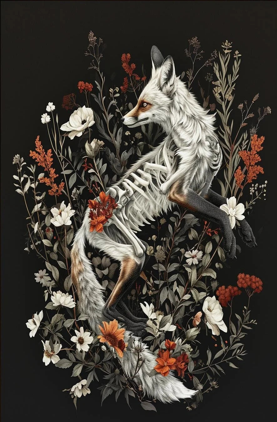 Horrible Floral Skeleton Animal Poster Gothic Bat Owl Rabbit Fox Canvas Painting Occult Wall Art Dark Academia Room Home Decor Peaceful Pleasures Health and Wellness 13 40x60cm