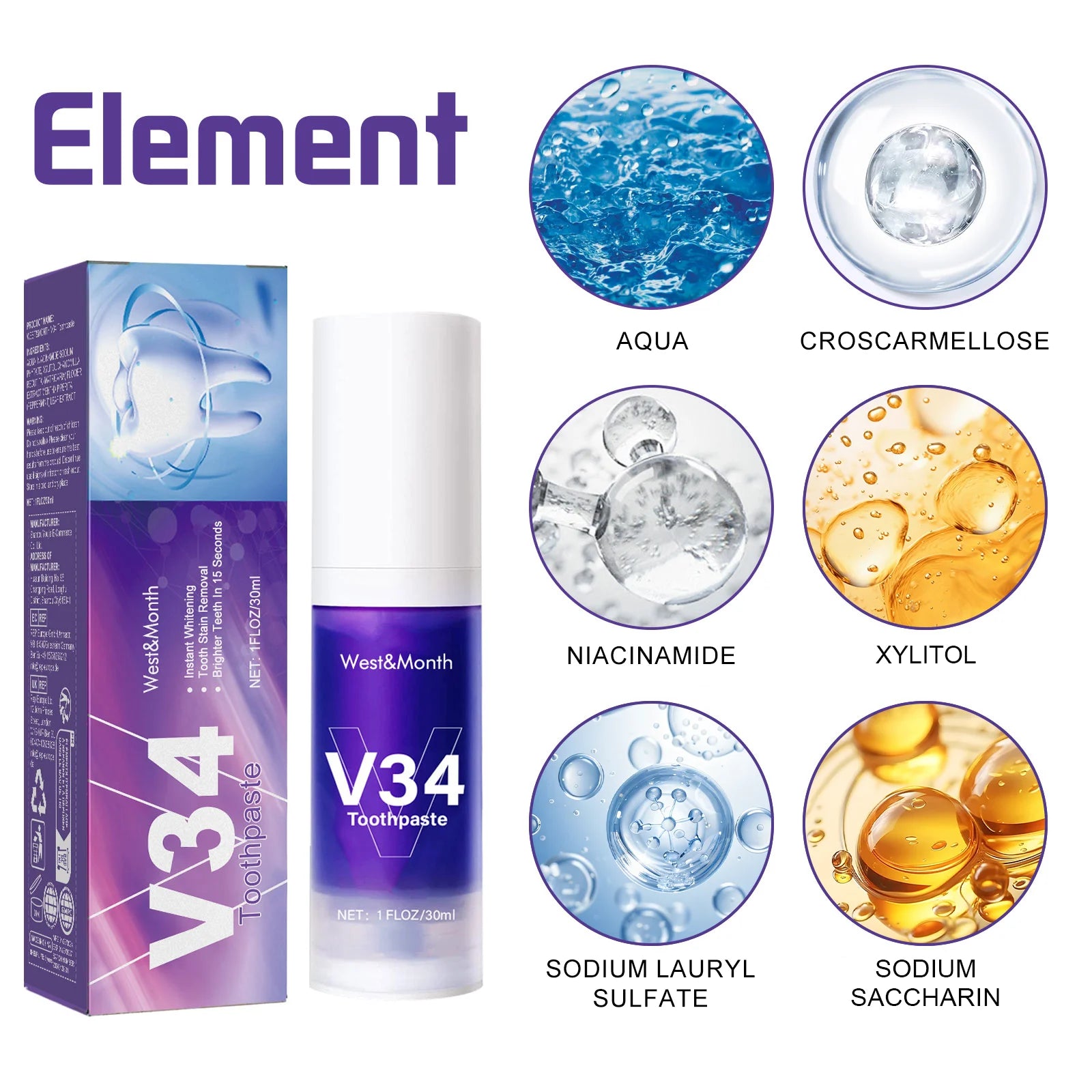 V34 Teeth Whitening Toothpaste 30ml – Stain & Plaque Remover Whitening Toothpaste Peaceful Pleasures Health and Wellness