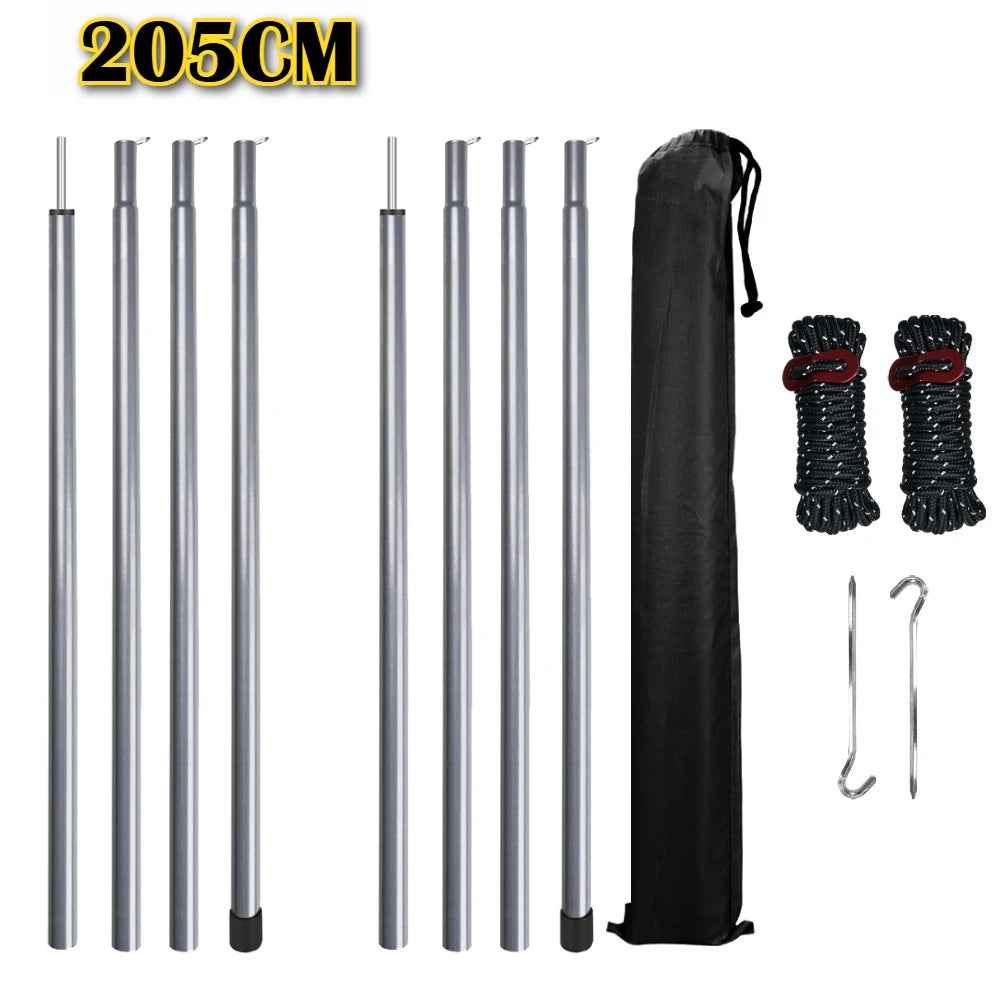 Set of 2 Tent Poles Adjustable Tarp Poles Steel Rods for Tarp Canopy Hiking Camping Replacement with Pegs & Reflective Ropes Peaceful Pleasures Health and Wellness 205CM Sliver kits