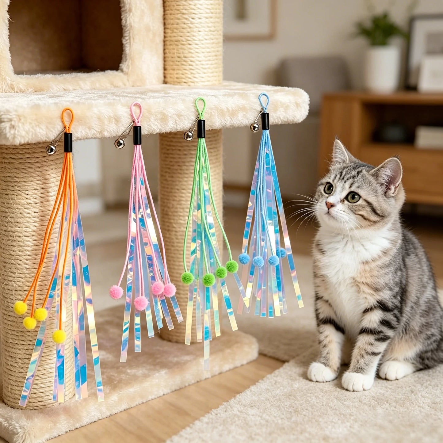 Cat Wand Toy Replacement – Bell, Foil Tassel & Ribbon Teaser Cat Teaser Toy Peaceful Pleasures Health and Wellness