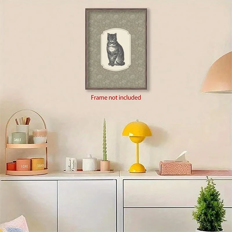 Retro Floral Cat Canvas Wall Art Print | Home Décor Poster